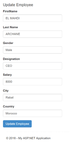 
<formmethod="post" />
<h4> Update Employee </h4>
<divclass="form-group"> <labelfor="inputfirstname">FirstName</label> <inputtype="text" class=